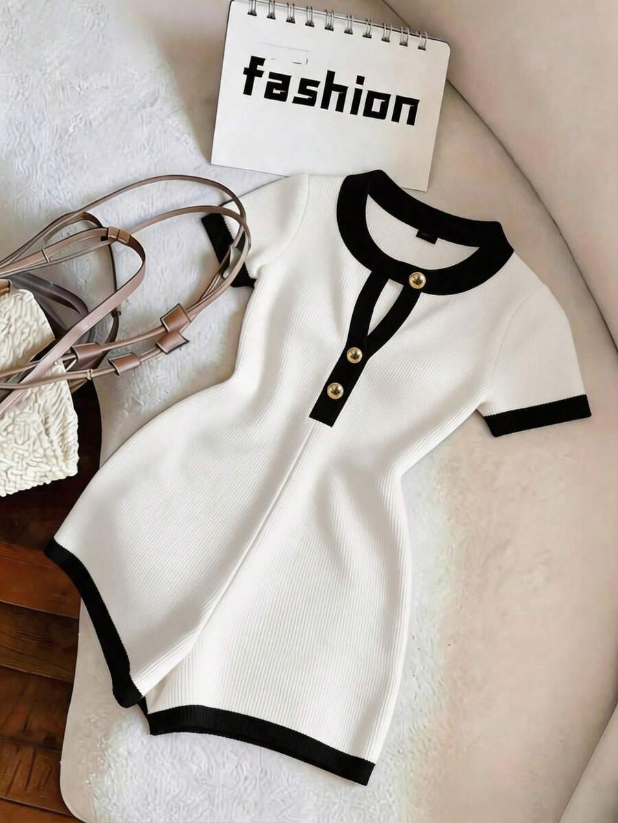 SHEIN Franclia 女款簡約休閒素色對比圓領連身褲 - 白色 - 查看 1