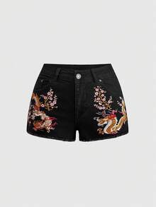 ROMWE 夏季街頭風新中式龍與櫻花刺繡女款牛仔短褲 - 黑色 - 查看 1