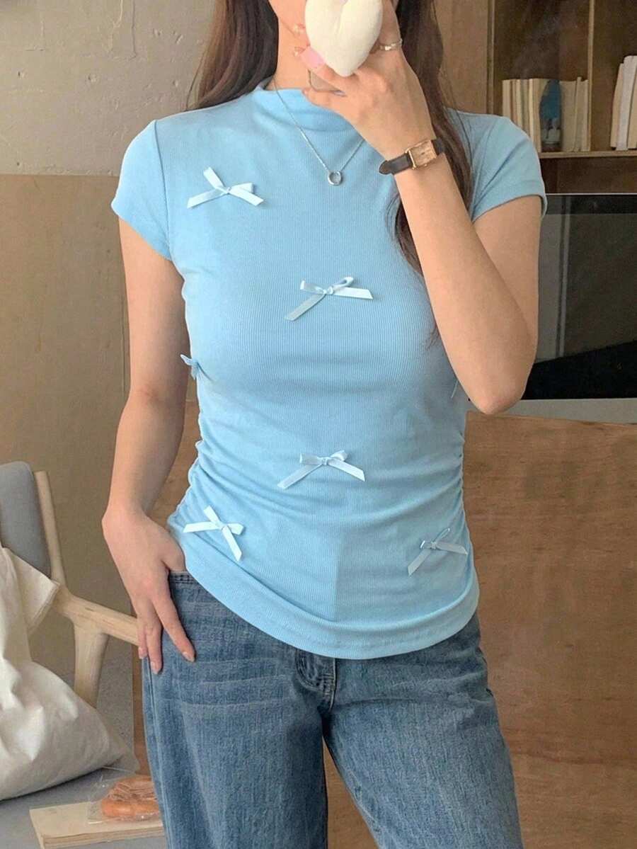 DAZY 蝴蝶結刺繡寬鬆短袖圓領女款T恤 夏季 - 淺藍色 - 查看 1