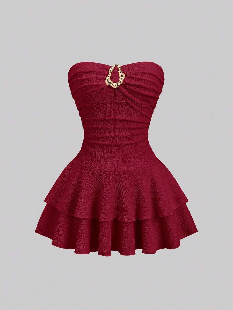 Sweetra Women's Elegant Strapless Double Layer Tiered Mini Dress - Red - View 1