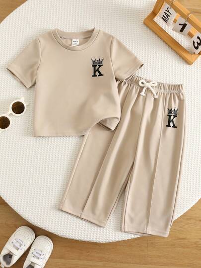 SHEIN Bộ 2 món áo thun tay ngắn và quần dài basic phong cách tối giản thời trang thường ngày cho bé trai/bé gái unisex, trang phục mùa xuân/hè cho bé trai, quần áo mùa hè cho bé trai, Squishy