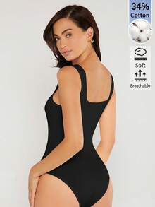 SHEIN BASICS 女款純色方領背心連身衣 日常白天穿著 黑色 夏季基礎款 極簡休閒居家風 - 黑色 - 查看 2