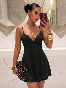 Slaydiva Summer Lace Trim Satin Double Layer A-Line Triangle Cup Cami Waist-Cinched Mini Dress Night Out Date Night Black Sexy - Black - View 3