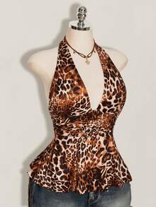 SHEIN ICON 大尺碼女款復古性感個性前衛都市風 Y2K 巧克力棕印花圖案收腰深 V 領掛脖式夏季電音節度假洋裝 - 棕色 - 查看 8