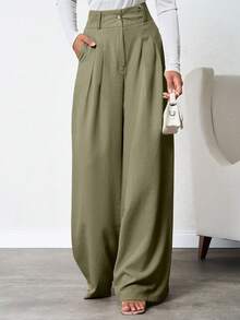SHEIN Tall 100%纯棉高腰女士米色深褶亚麻长裤 - 軍綠色 - 查看 4