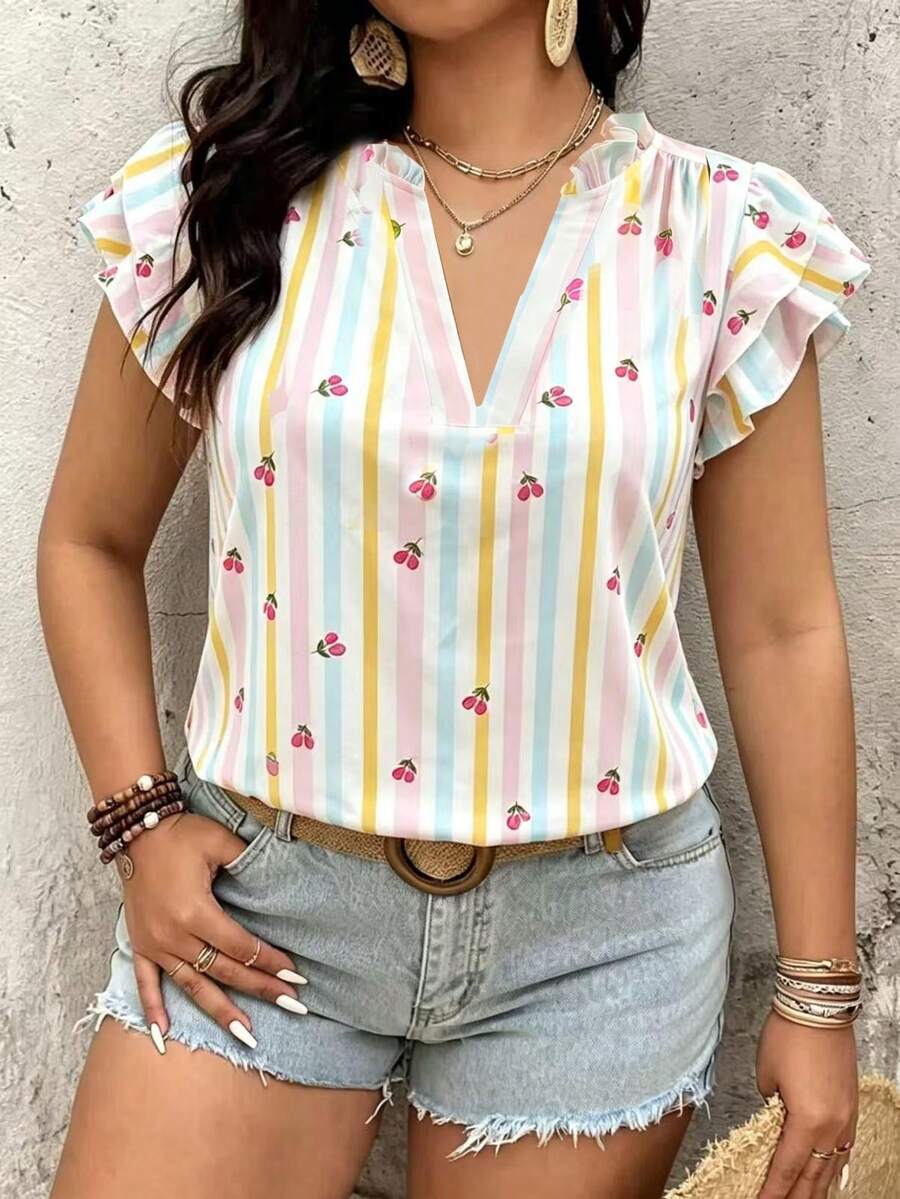 Breezaya Plus Size Women's Woven Regular Summer Casual Fairycore Commuter Comfortable Minimalist Floral Print Ruffle Collar Loose Lantern Sleeve Blouse Party - Multicolor - View 1