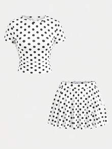 SHEIN Girlism 兒童青少年女孩夏季修身T恤與裙子兩件套，新款夏季藍色純色短袖T恤與防走光裙套裝，女孩日常通勤百搭穿搭，適合日常通勤、優雅、派對、約會、家庭聚會、畢業、度假穿著 - 彩色 - 查看 3
