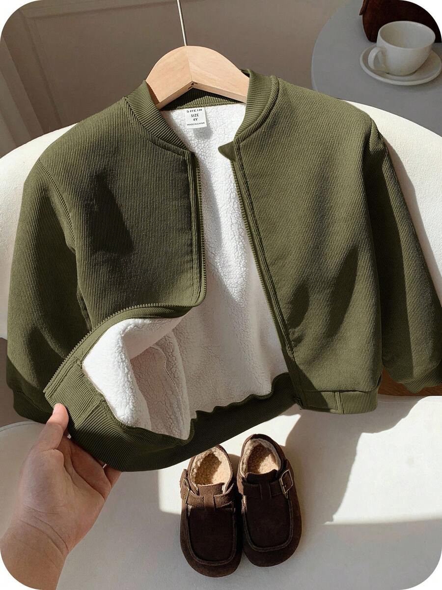 SHEIN 男嬰秋冬可愛百搭休閒保暖內裡卡其色夾克厚外套 男嬰冬裝 嬰兒冬裝 中性嬰兒 - 軍綠色 - 查看 1