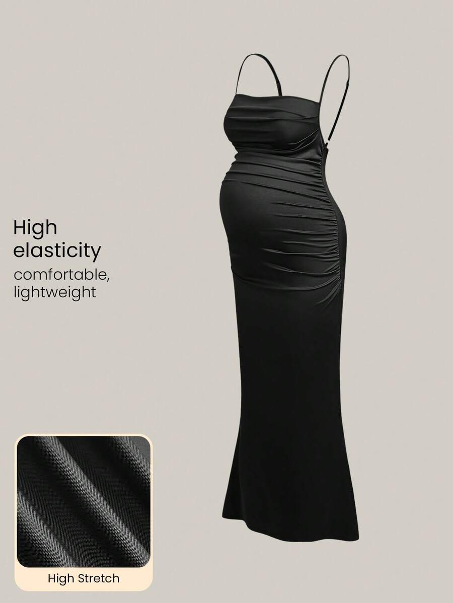 Modmama Maternity Solid Color Pleated Casual Party & Travel Spaghetti Strap Dress - Black - View 1