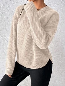 SHEIN Raffinéa 女款素色圓領落肩長袖休閒套頭毛衣 - 杏色 - 查看 3