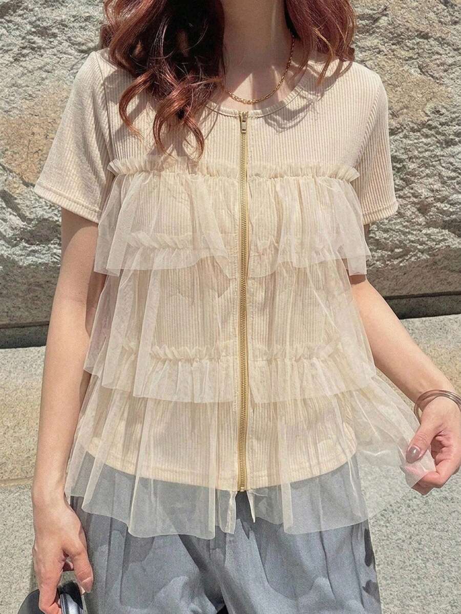 FRIFUL 女款拉鍊網紗層次抓皺設計寬鬆休閒百搭夏季音樂節度假T恤 - 杏色 - 查看 1