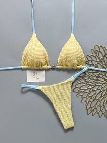 Swim Mod Damen Bikini-Badeanzug-Set aus 2 Teilen für Frühling/Sommer, neu, aus Spezialstoff mit Metalldekor, V-Ausschnitt, Neckholder, rückenfrei, Dreiecksform und Nieten - Gelb - Übersicht 3