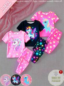 [Random 1 Set]Girls' Unicorn Glow-In-The-Dark Print UV Light Reactive Knit Fabric Comfortable Soft Slim Fit Cute Princess Style Round Neck Short Sleeve Long Pants 2 Pieces Loungewear Pajama Set - Pink - View 3