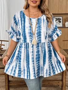 SHEIN CURVE+ Curve 加大码 US22 音乐节、海滨度假、波西米亚风 CURVE PLUS / / 女士格纹印花衬衫，适合春夏波西米亚风度假，休闲娃娃风衬衫 - 藍白色 - 查看 4