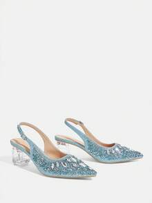 CUCCOO TILAWA Women's Crystal Heel Glass Rhinestone Pointed Toe Pink High Heel Pumps, Suitable For Outings, Banquets, Parties And Other Events - Baby Blue - View 4