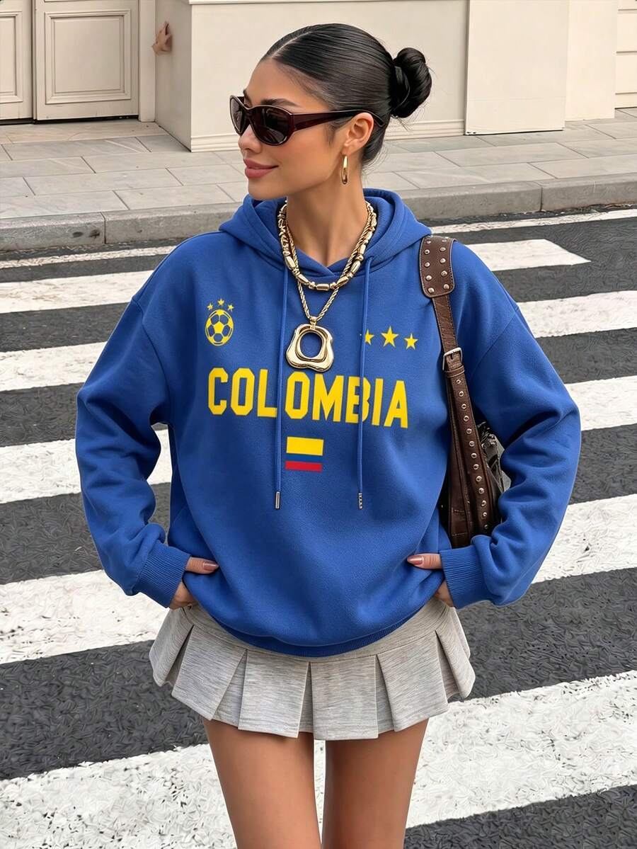 Muchica 女款休閒極簡純色皇家藍抽繩連帽長袖寬鬆加厚衛衣,適合秋冬穿著 - 寶藍色 - 查看 1