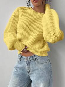 SHEIN BASICS 女款休閒百搭純色針織衫，秋冬款 - Butter Yellow - 查看 4