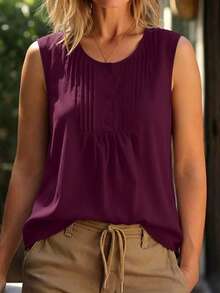 SHEIN LUNE CURVE Plus Size Women Round Neck Button-Up Shirt, Spring/Summer - Red Violet - View 7