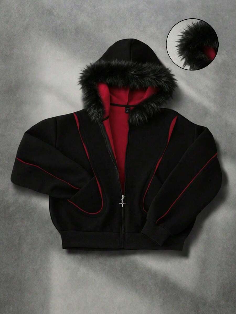 ROMWE MEN Street Life Spring/Summer Casual Graphic Men's Retro Color Block Patchwork Hoodie With Fluffy Collar, Y2K - Black - View 1