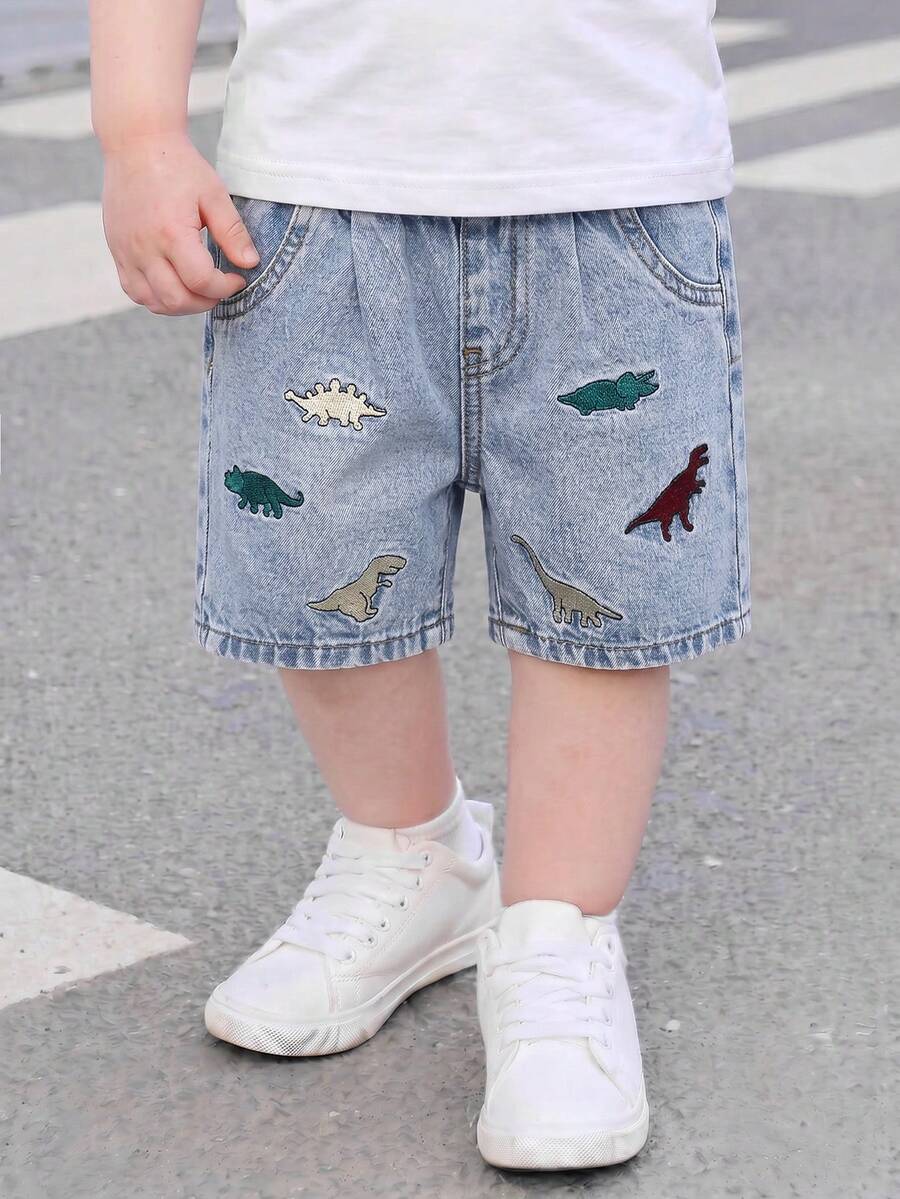Baby Boy Summer New Cartoon Embroidered 5-Inch Denim Shorts, Thin Korean Style Mid-Waist Design, Comfortable And Soft Fabric, Suitable For Daily Outings, Play, Parties And Festivals - Light Wash - View 1
