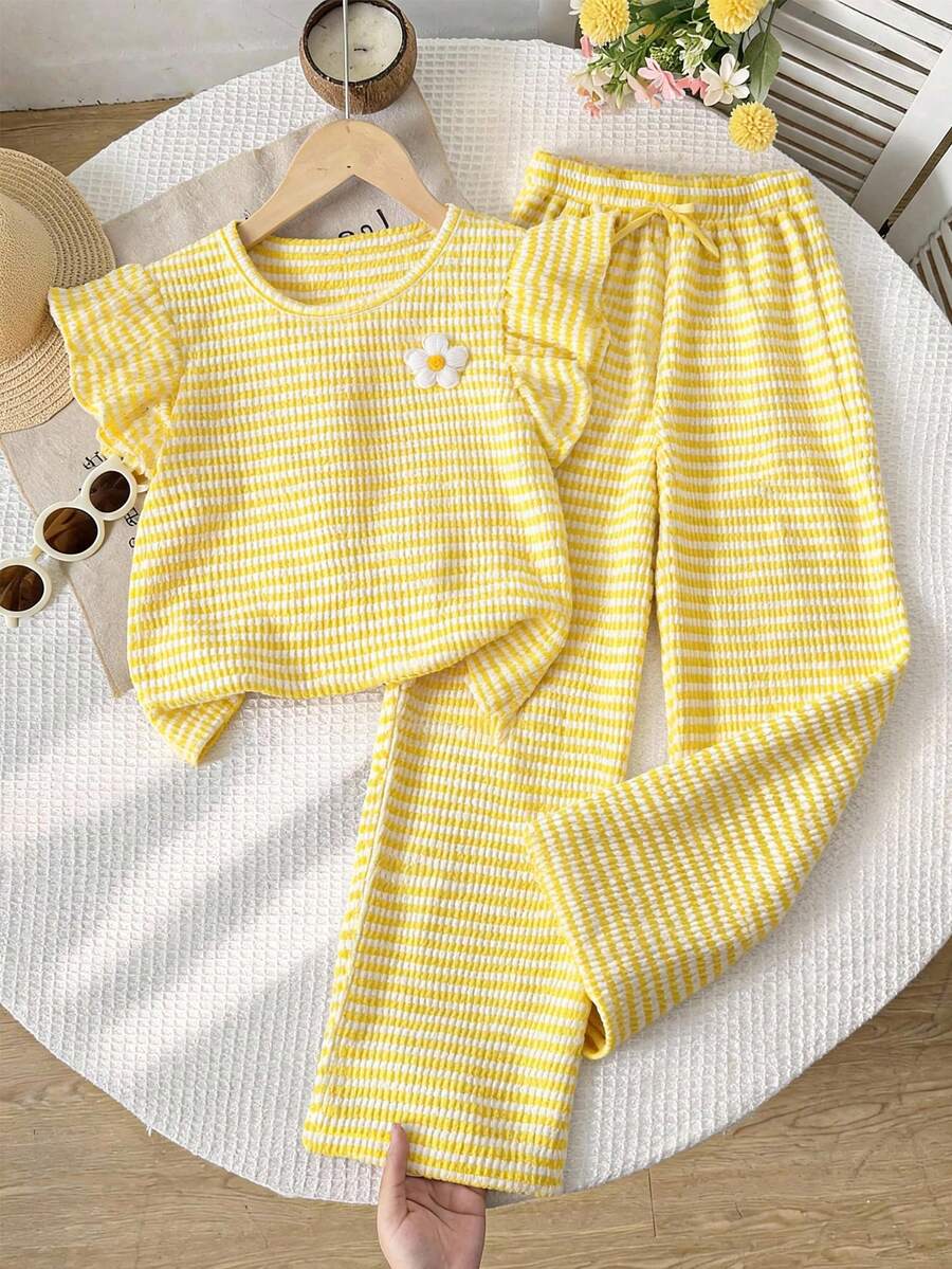 SHEIN Sparklyn 2pcs/Set Girls Casual T-Shirt Set, Solid Color Flutter Sleeve Textured Colorful Yarn Bow Top And Wide Leg Pants Set, Suitable For Daily Outings Or Beach Travel - Yellow - View 1
