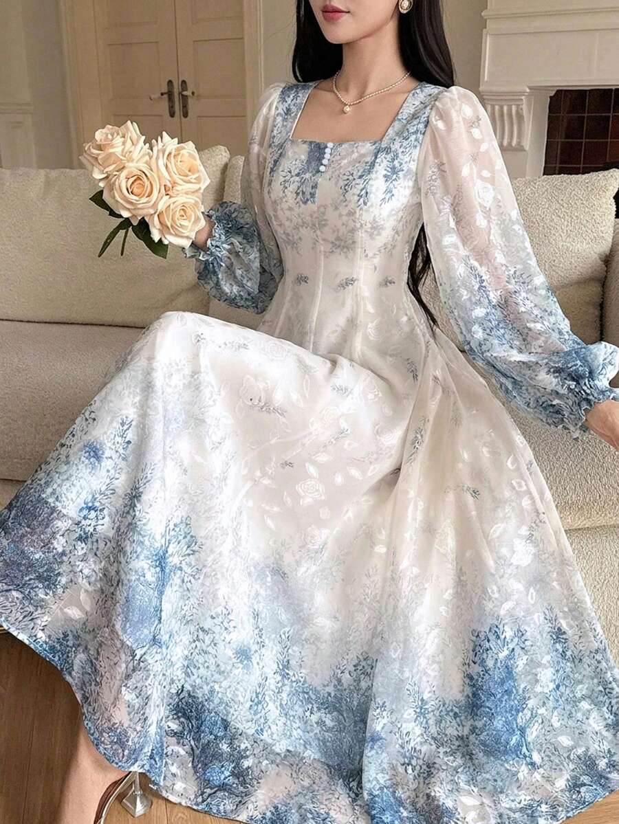 DAZY Gaun Midi Wanita Gaya Elegan Musim Semi/Panas dengan Motif Bunga di Seluruh Permukaan dan Leher V - Biru - View 1