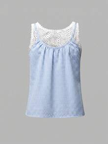 INAWLY Women's 2 In 1 Patchwork Plaid Pleated Casual Versatile Daily Wear Top - Baby Blue - View 2