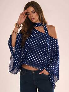 Avenya Polka Dot Asymmetrical Shoulder Chiffon Cape Top - Multicolor - View 1