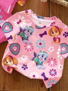 SHEIN | PAW Patrol 少女簡約休閒寬鬆落肩三件套短袖T恤，適合春夏，可愛精美圖案印花，可愛斯凱、美麗艾佛瑞斯特、彩色條紋圖案印花、經典迷彩背景圖案印花 - 彩色 - 查看 4