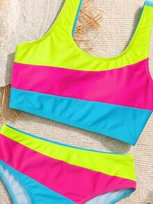 SHEIN Tween Girl Knit Contrast Color Swimwear Top And Swimwear Bottom 2 Pieces Set Color Block Swimwear - Multicolor - View 3