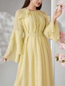 Solavon Plus Size Women's Gentle Elegant Modest Traditional French Style Pleated Textured Ruffle Waist Dress Wedding Formal Butter Yellow Autumn - Yellow - View 6