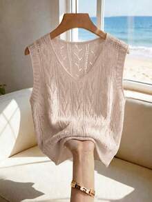 SHEIN Summer Casual Solid Color Sleeveless Knit Top - Dusty Pink - View 4
