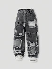 Denimly 青少年女孩拼接破洞直筒牛仔褲，休閒牛仔時尚校園風淺洗藍色高腰彈性腰頭夏季款 - 深灰色 - 查看 5