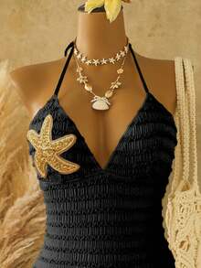 SHEIN Swim 夏季新款女款連身泳衣，黃色紋理布料搭配藍色星星裝飾，掛脖設計，適合海灘、沙灘、游泳、泳池、度假，甜美風格，度假風，連身泳衣 - 黑色 - 查看 4