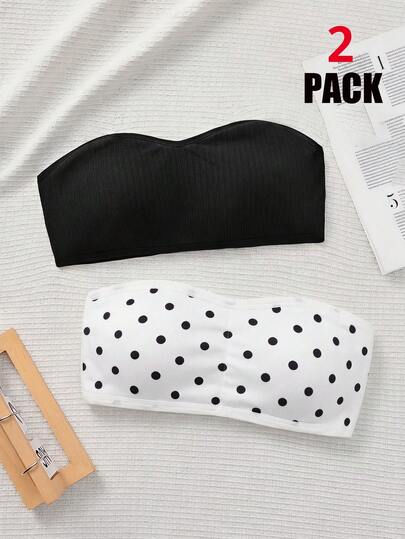 SHEIN Tween Girl 2pcs/Set Tween Girls' Minimalist Comfortable Polka Dots Printed Padded Soft Skin-Friendly Camisole Bra Set, Strapless Bra, Bandeau Bra, Bra For Tube Top, Tube Top Bra, Strapless Bandeau Bra