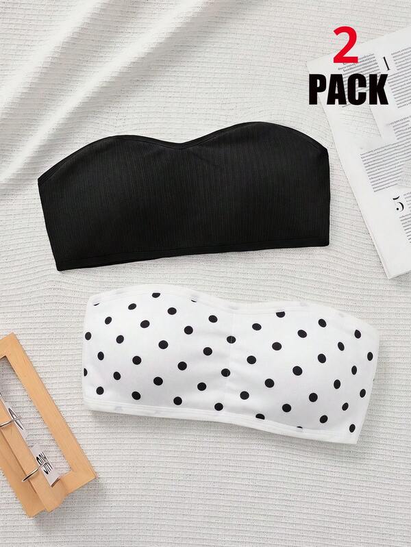 SHEIN Tween Girl 2pcs/Set Tween Girls' Minimalist Comfortable Polka Dots Printed Padded Soft Skin-Friendly Camisole Bra Set, Strapless Bra, Bandeau Bra, Bra For Tube Top, Tube Top Bra, Strapless Bandeau Bra