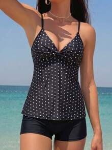 Swim Lushoire 女款兩件式坦克比基尼泳衣，雙肩帶波點印花，四角泳褲，百搭休閒海灘度假泳裝 - 黑色 - 查看 3