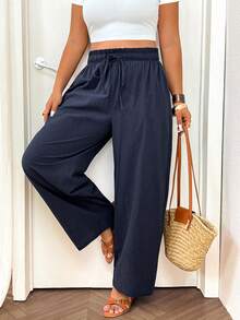 Lounesse Plus Size Women's Solid Color Drawstring Waist Pocket Casual Versatile Everyday Travel Long Pants - Navy Blue - View 6