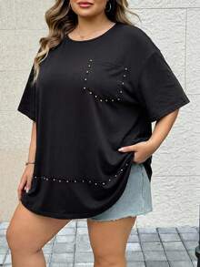 SHEIN CURVE+ 女款黑色針織大尺碼T恤 夏季外出休閒款 柔軟修身 2026年秋冬 22W - 黑色 - 查看 7
