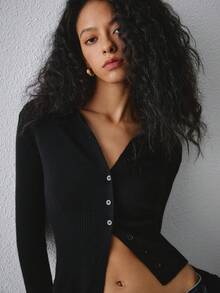 ATUI Studio Cárdigan ajustado de mujer de 50% mezcla de lana, punto suave, jersey para uso diario en otoño, minimalista, sencillo, casual, negro - Negro - Ver 7