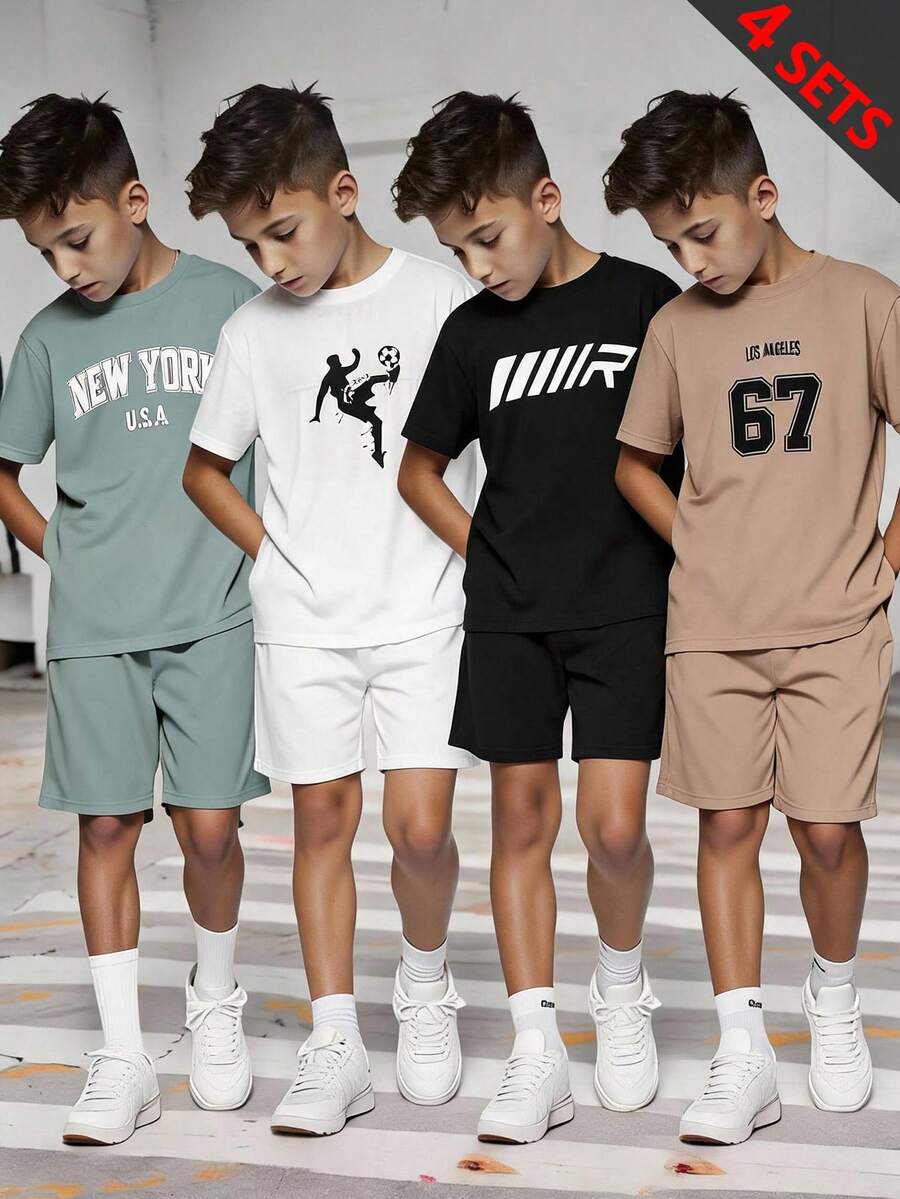 SHEIN 青少年男孩字母印花T恤短褲套裝