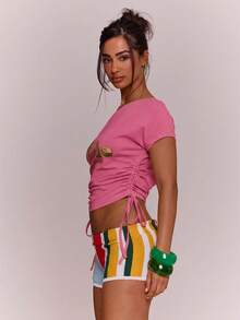 MUSERA Onee Shoulder Ruched Tshirt Cinched Waist Spring Summer Vacation Holiday Ibiza Boho Elegant Casual Carnival Festival - Pink - View 3