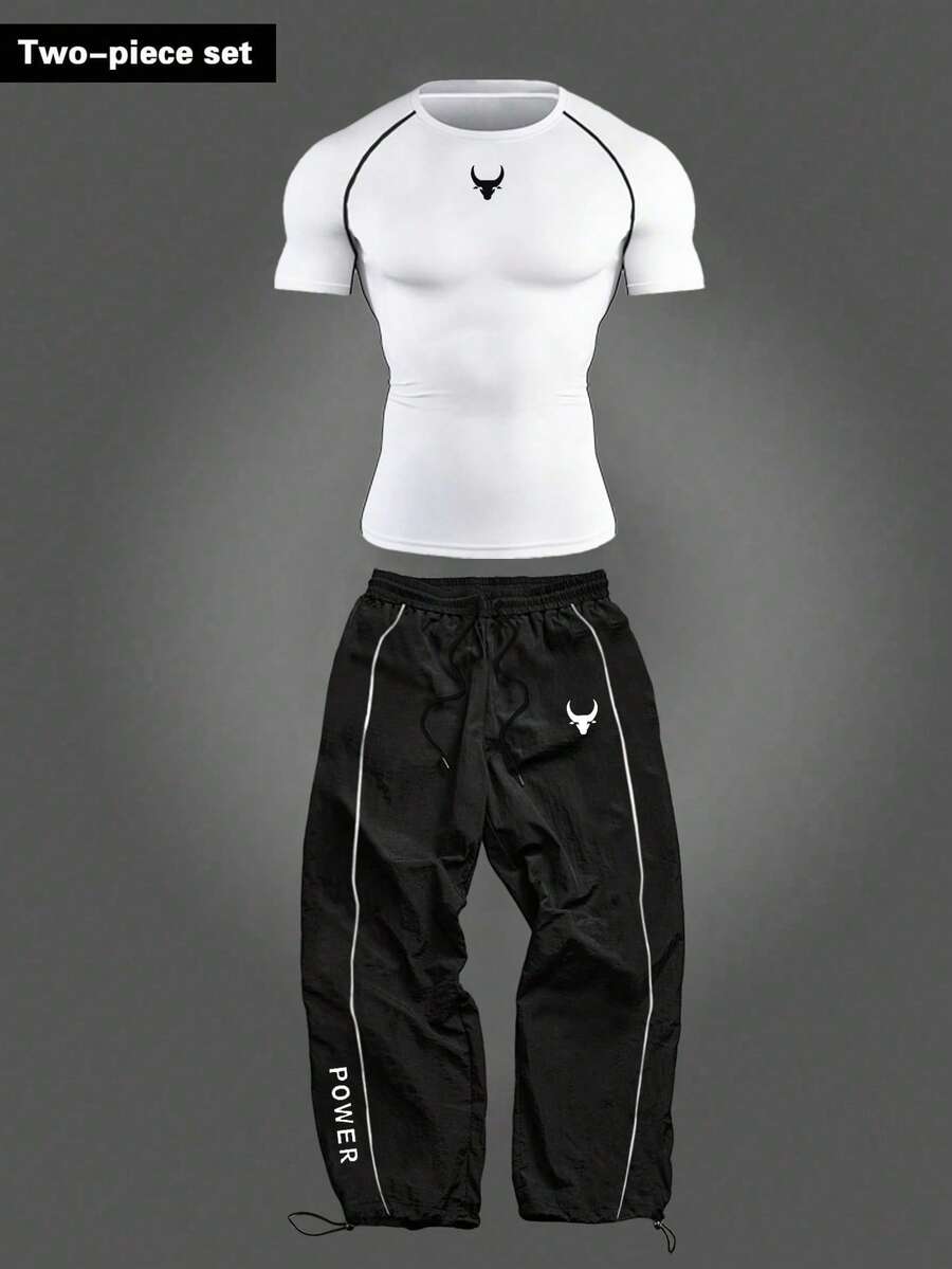 RISE LYT Men's Bull Head Print Short Sleeve Top And Long Pants Casual Daily Sports Outfit - White - View 1