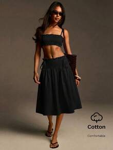 Athîral Women's Casual White Spaghetti Strap Elastic Shirred Top And Skirt Set, Date And Party Outfit - Black - View 1