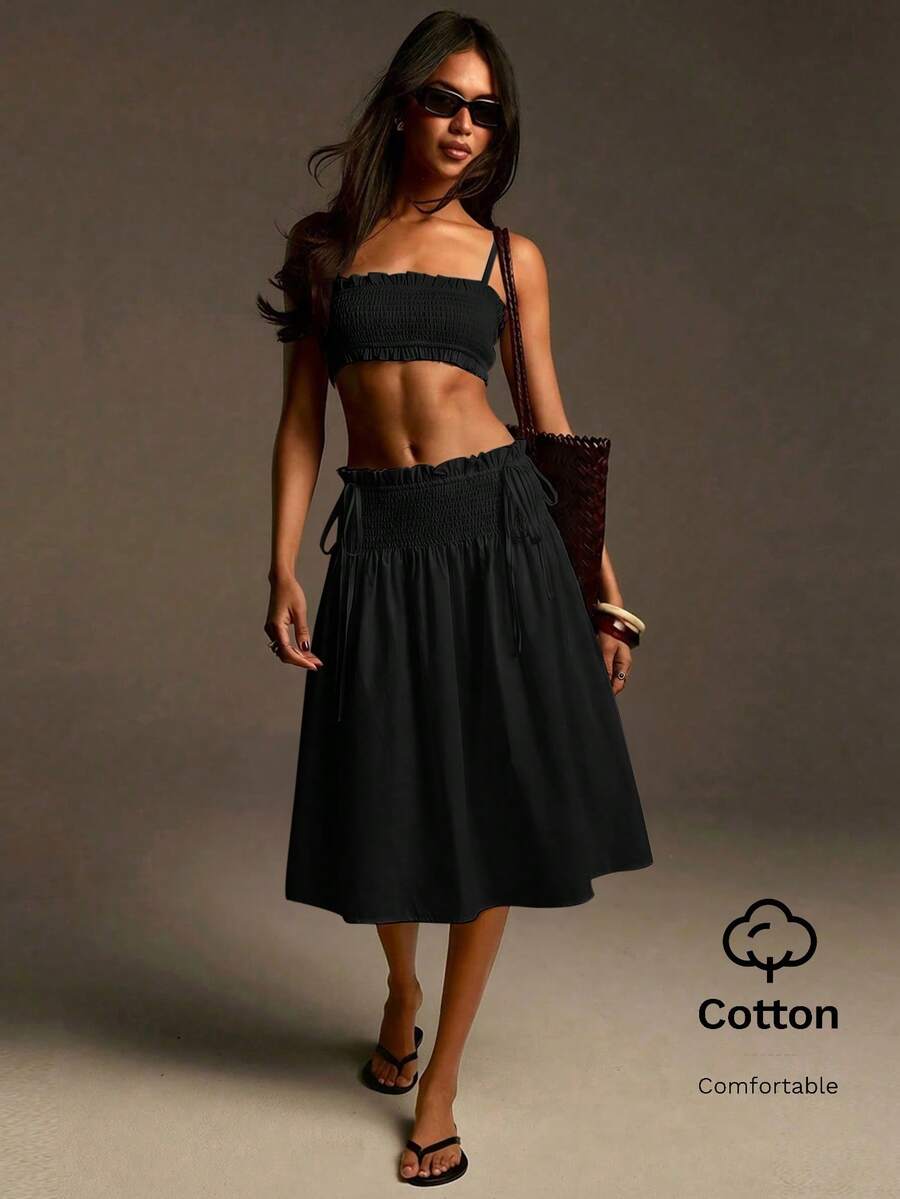 Athîral Women's Casual White Spaghetti Strap Elastic Shirred Top And Skirt Set, Date And Party Outfit - Black - View 1