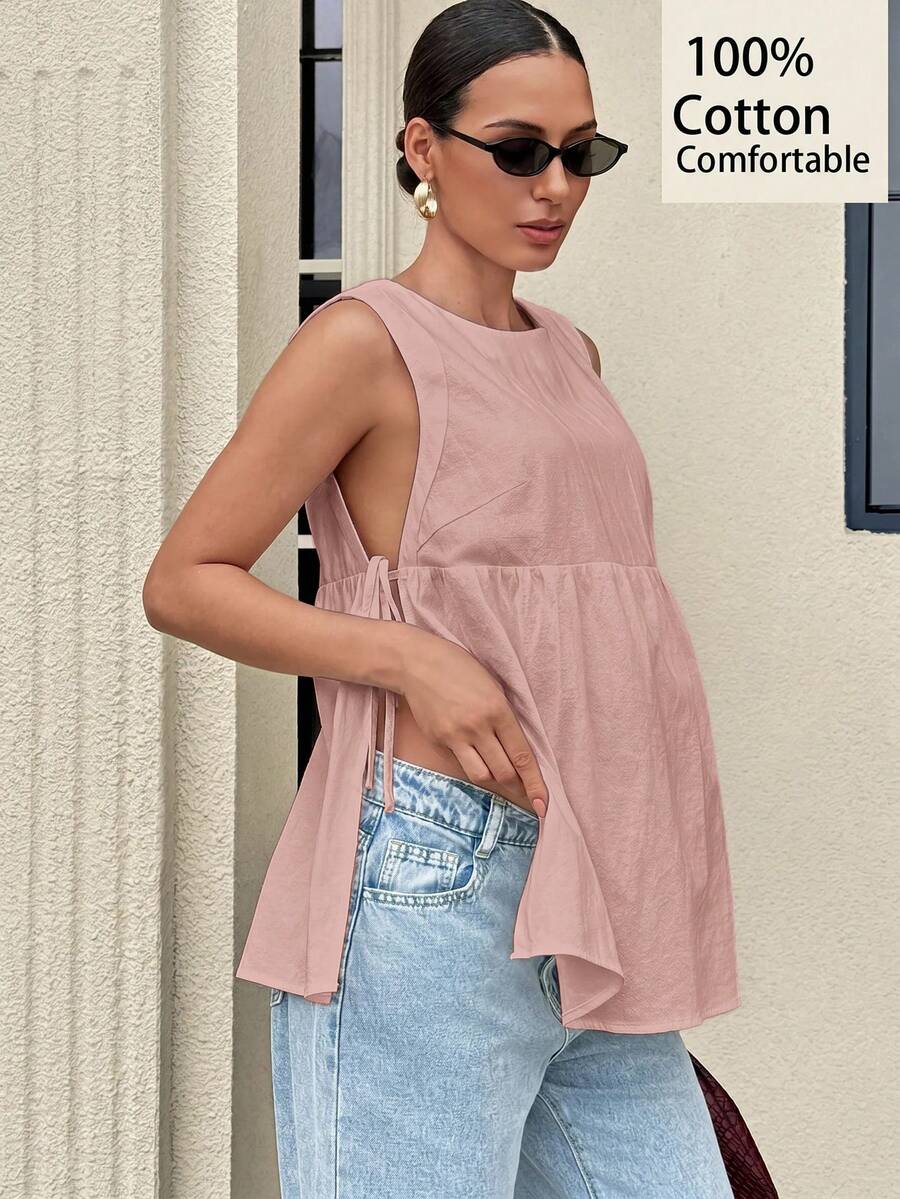MaterniWear Maternity Solid Color Pleated Casual Versatile Daily Wear Top - Pink - View 1