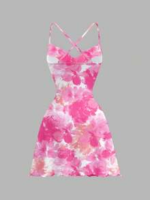 SHEIN MOD 女式休闲简约全印花 V 领无袖短裙 - 玫紅色 - 查看 2