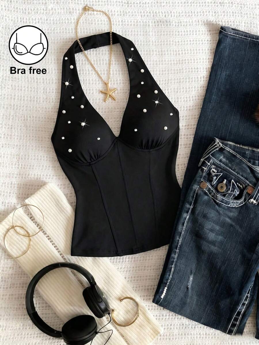 SHEIN Franclia 性感V領收腰上衣,通勤修身內搭上衣 - 黑色 - 查看 1