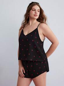 Elorette Plus Size Cherry Print Chiffon Lace Patchwork 2-Piece Set - Black - View 6