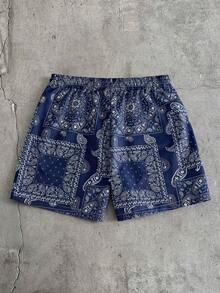 AXEPEAK Men's Vacation Cashew Print Drawstring Waist Casual Shorts - Royal Blue - View 2